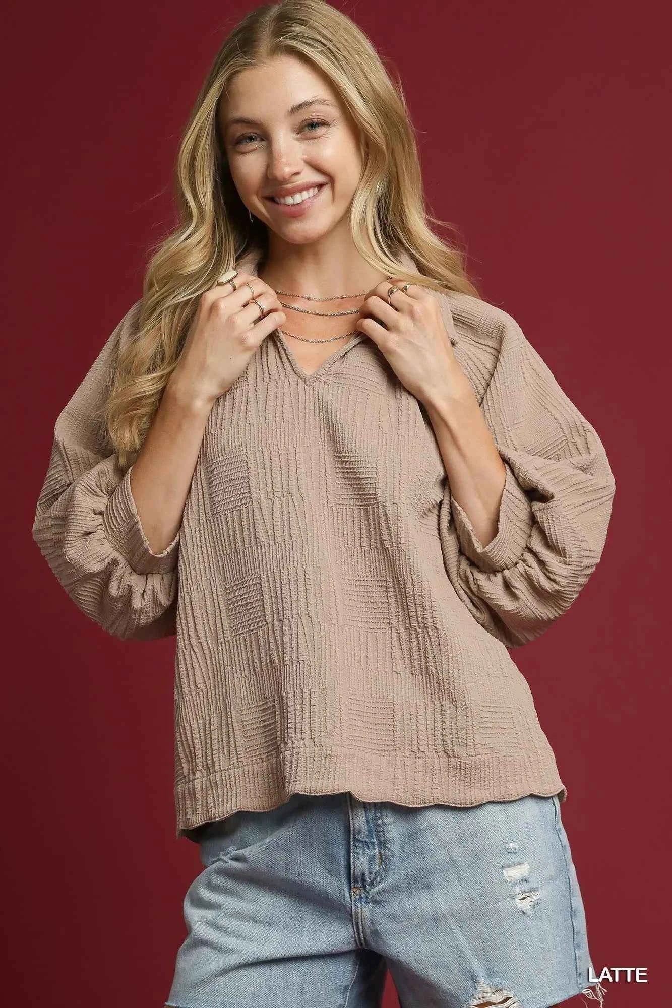 Umgee Oversized Balloon Sleeve Textured Blouse LATTE 60ecfa93-71c6-42bd-b9fe-9ed16e573235-Max-Origin