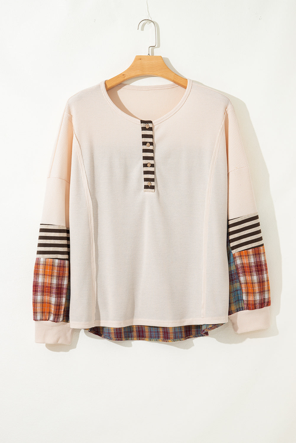 Parchment Plus Size Waffle Striped Plaid Patchwork Henley Pullover 60eef8c1901a9c3b