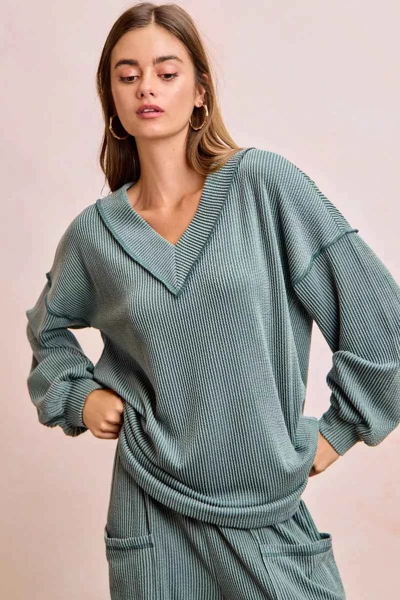 BiBi Two Tone Cord Rib Contrast Stitching V-Neck Top and Pants Set 60f15ccfda404cc3943594ff0e9afa8c-Max-Origin