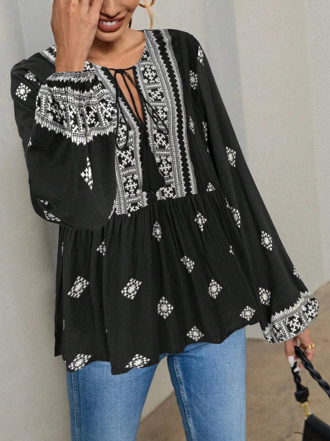 Tie Front Long Sleeve Blouse Black 60f1761e3fb14225b1e67997c6bfedef-Max-Origin