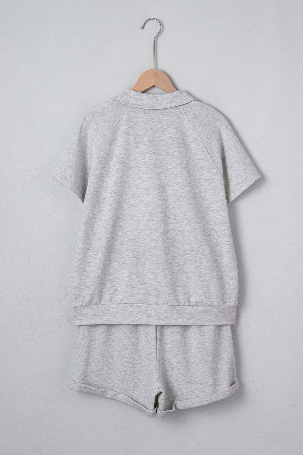 Light Grey Collared V Neck Tee Drawstring Elastic Waist Shorts 2pcs Outfit