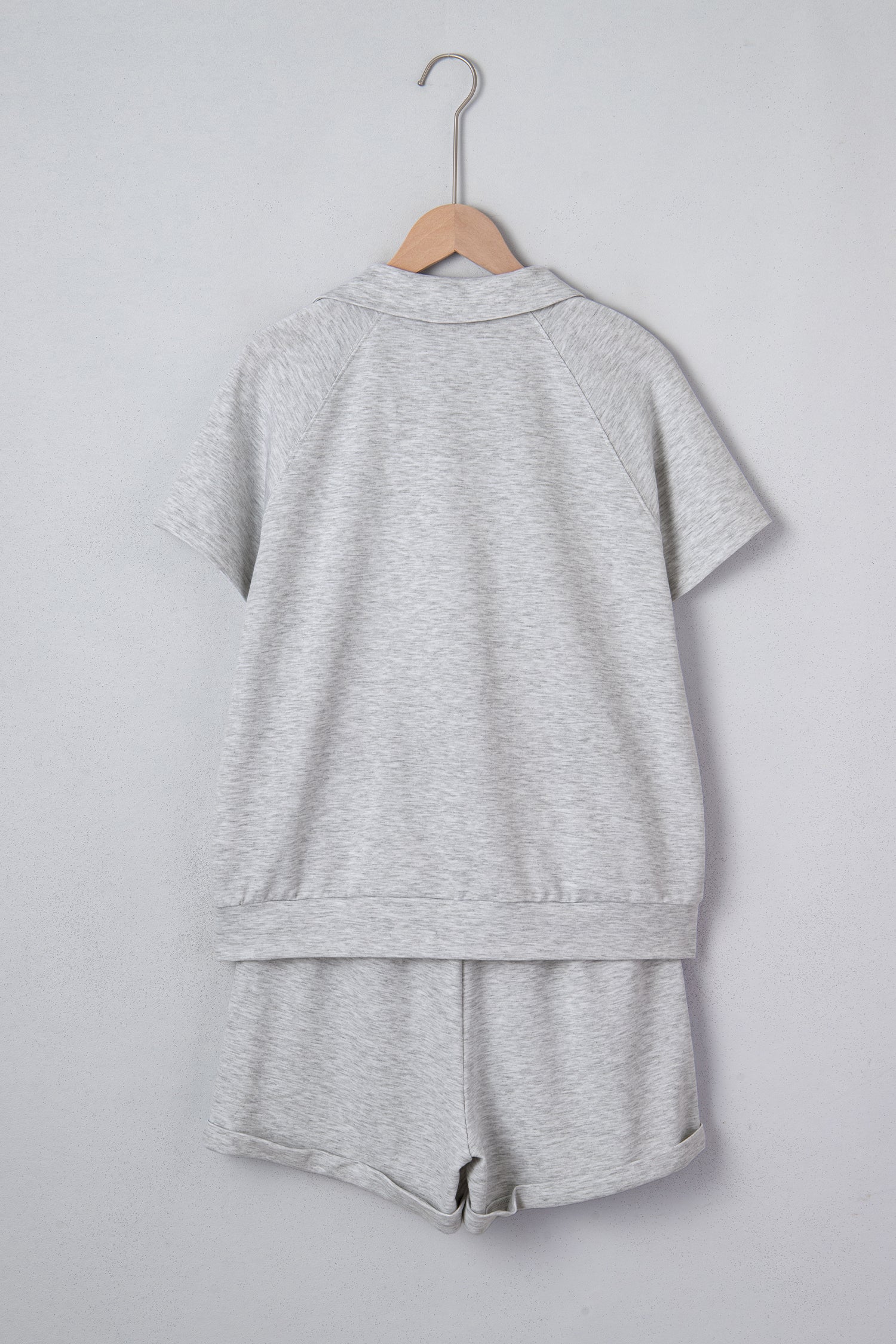 Light Grey Collared V Neck Tee Drawstring Elastic Waist Shorts 2pcs Outfit 60f3681f4f5fbdf8