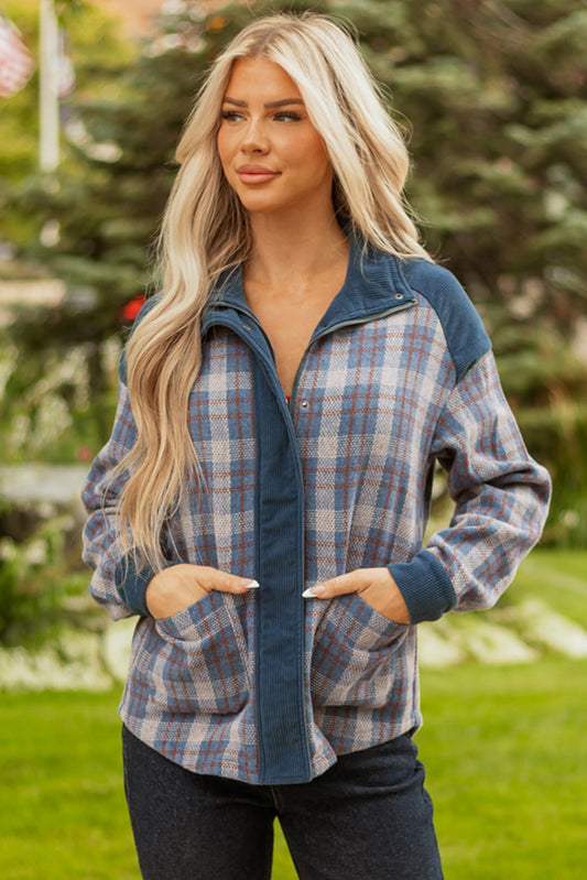 Gray Plaid Corduroy Patchwork Collared Zip Up Snap Button Jacket 60fa179ea269dd97