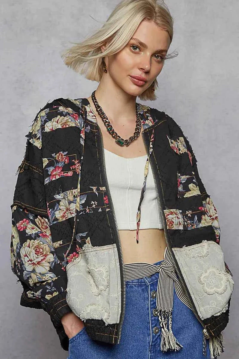 POL Zip Up Floral and Lace Patch Washed Jacket Black 60fb265b-b858-4e22-884b-6a6e20345208-Max-Origin