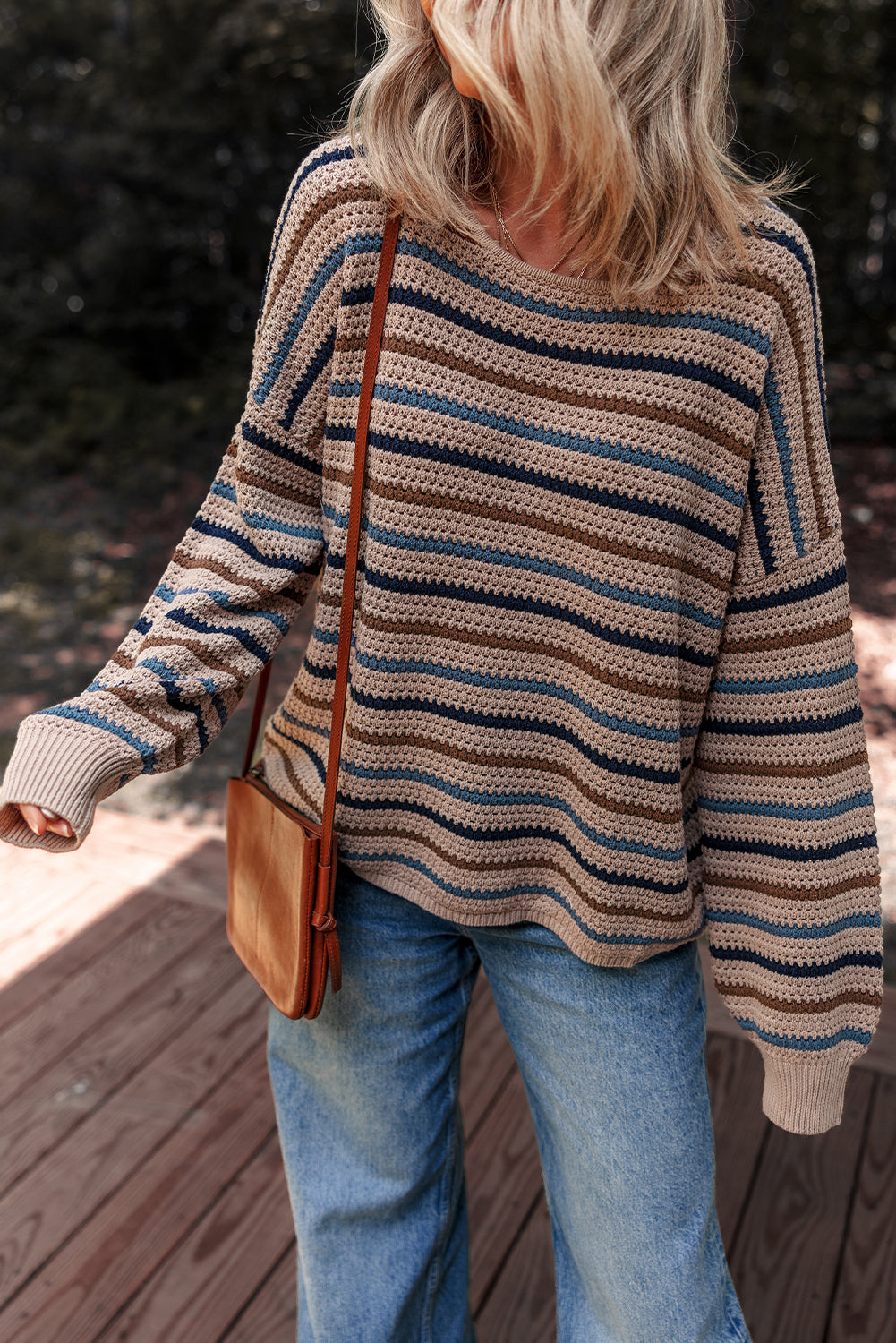 Multicolour Striped Knitted Drop Shoulder Crew Neck Sweater 60ff06abc9f1ce98