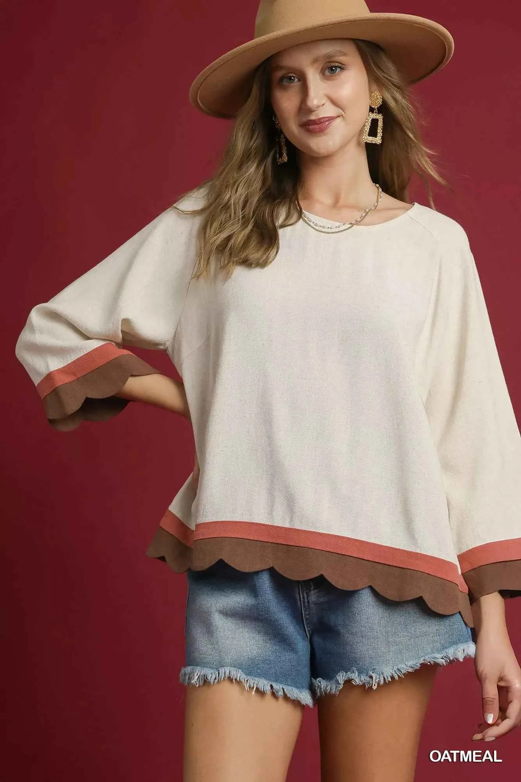Umgee Scalloped Hem Color Block Top OATMEAL 6101f546-b561-497f-bd36-c8be5853783d-Max-Origin