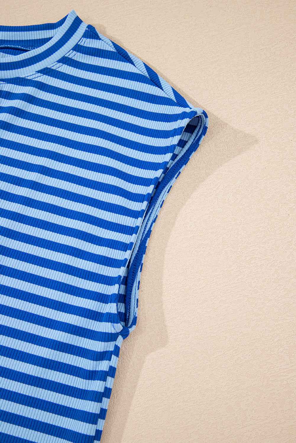 Sky Blue Stripe Ribbed Cap Sleeve Round Neck T Shirt 6106280fb7812a93