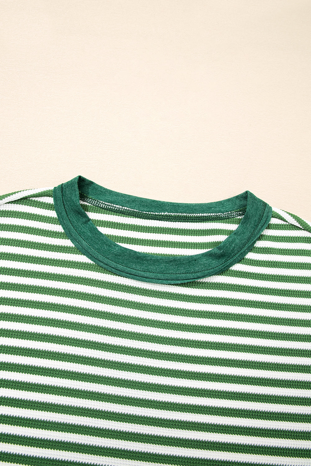 Green Stripe Exposed Seam Patchwork Plus Size Thermal Waffle Top 610b321434127d88