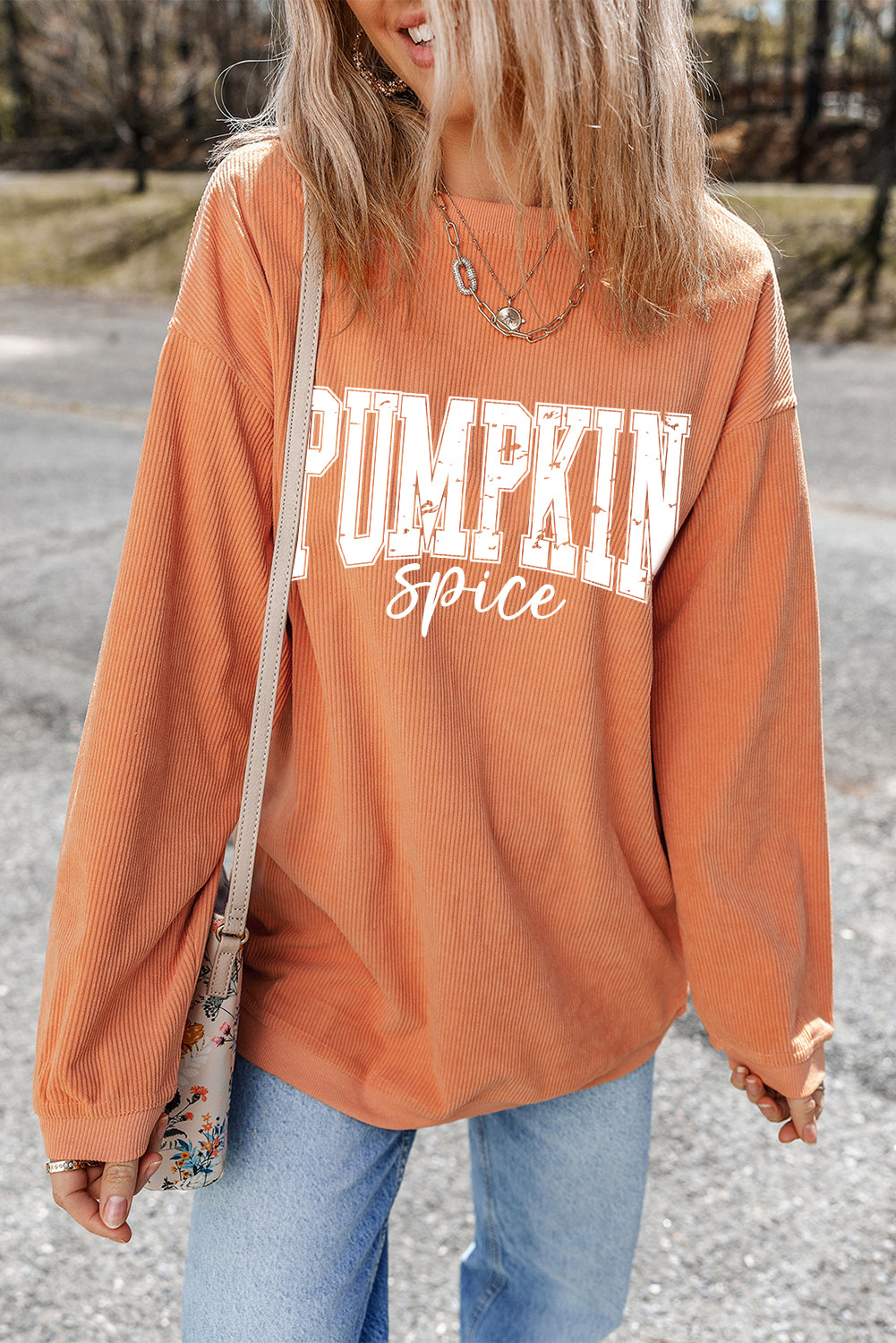 Orange Crinkle Ribbed PUMPKIN Spice Graphic Crewneck Sweatshirt 610f6f3ada862331