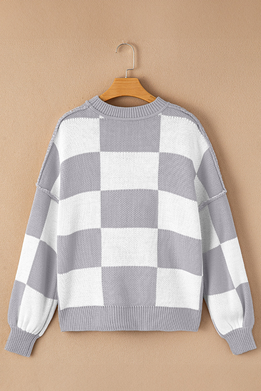 Orange & White Plaid Exposed Seam Bishop Sleeve Sweater 6111f872509d445e