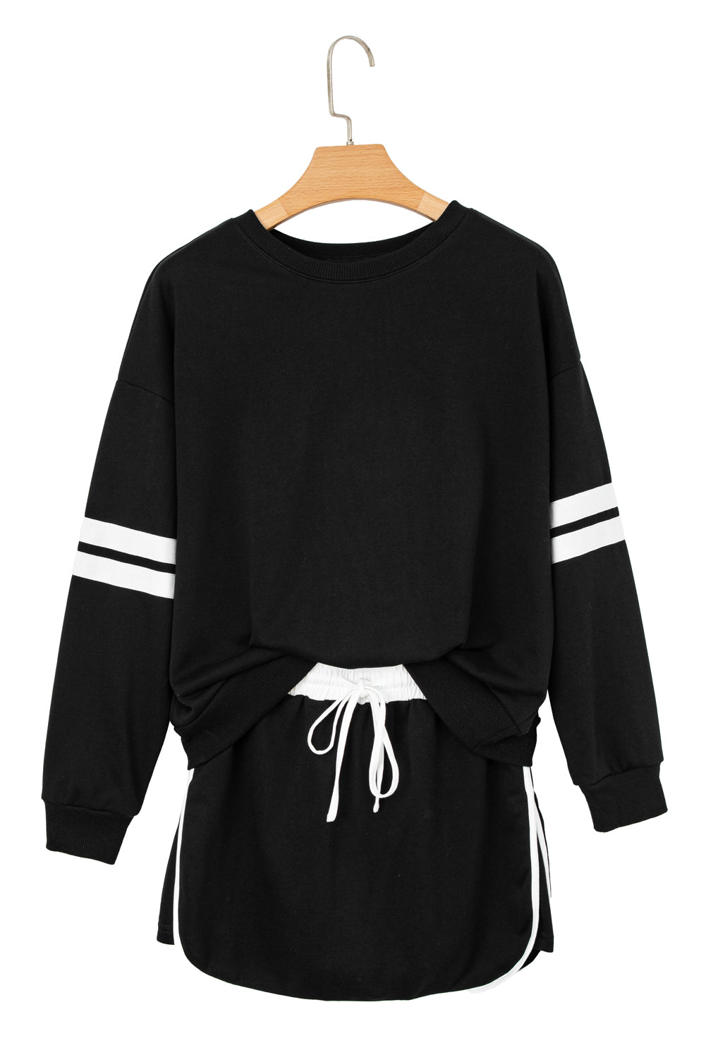 Tillandsia Purple Varsity Stripe Detail Drop Shoulder Pullover Mini Skirt Set Black 65%Polyester+35%Cotton 61144c95a0c4af39