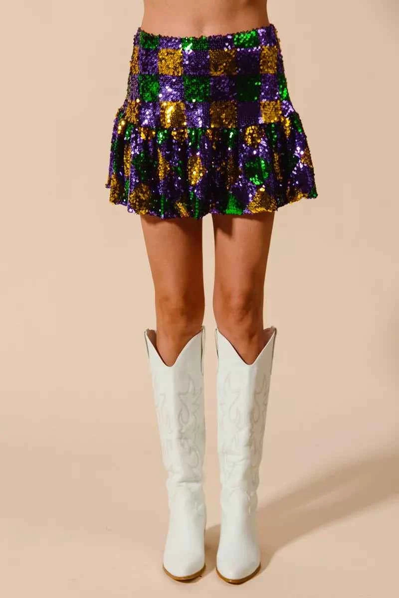 SO ME Mardi Gras Checker Sequins Mini Skirt 611cad3a06a949de907985eff78acc1f-Max-Origin