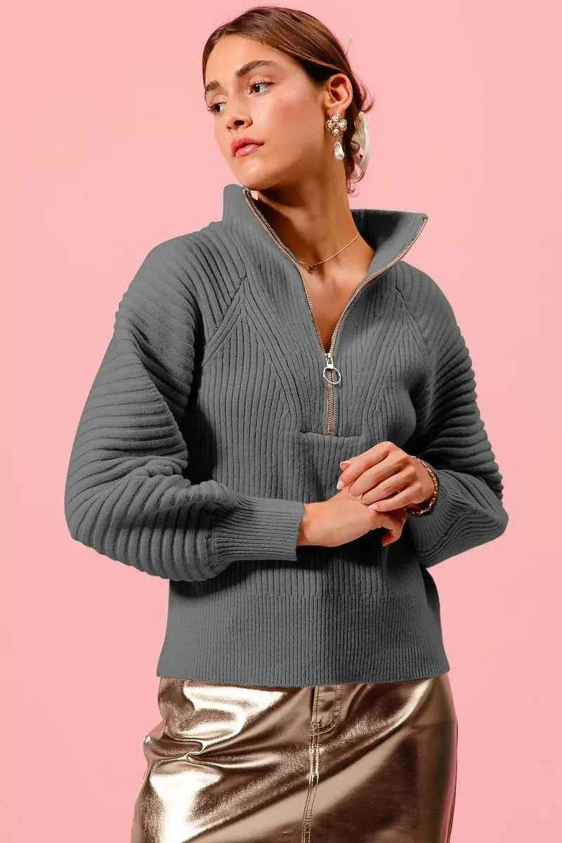 Half Zip Raglan Balloon Sleeves Ribbed Sweater CHARCOAL 61205125fb584f18800dfa81c007ee2c-Max-Origin
