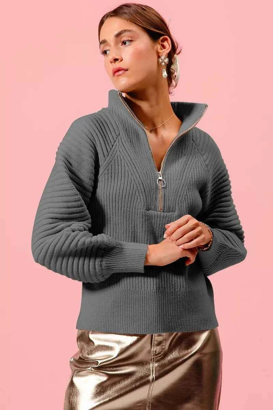 SO ME Half Zip Raglan Balloon Sleeves Ribbed Sweater CHARCOAL 61205125fb584f18800dfa81c007ee2c-Max-Origin