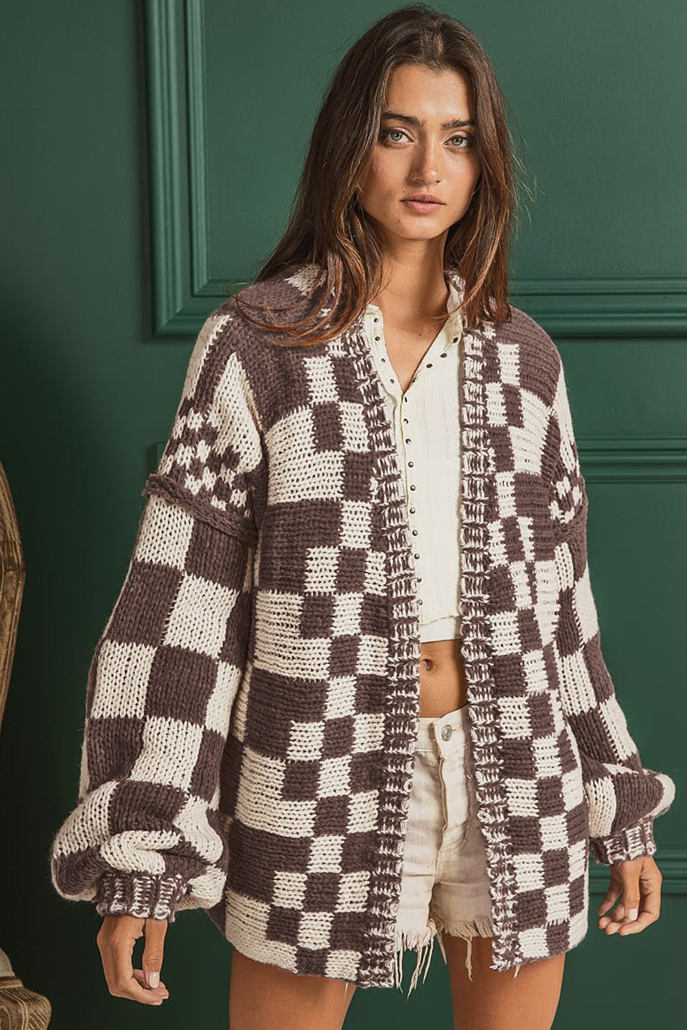 Dark Grey Colorblock Checked Loose Fit Open Front Knitted Cardigan 612217db567cde1e