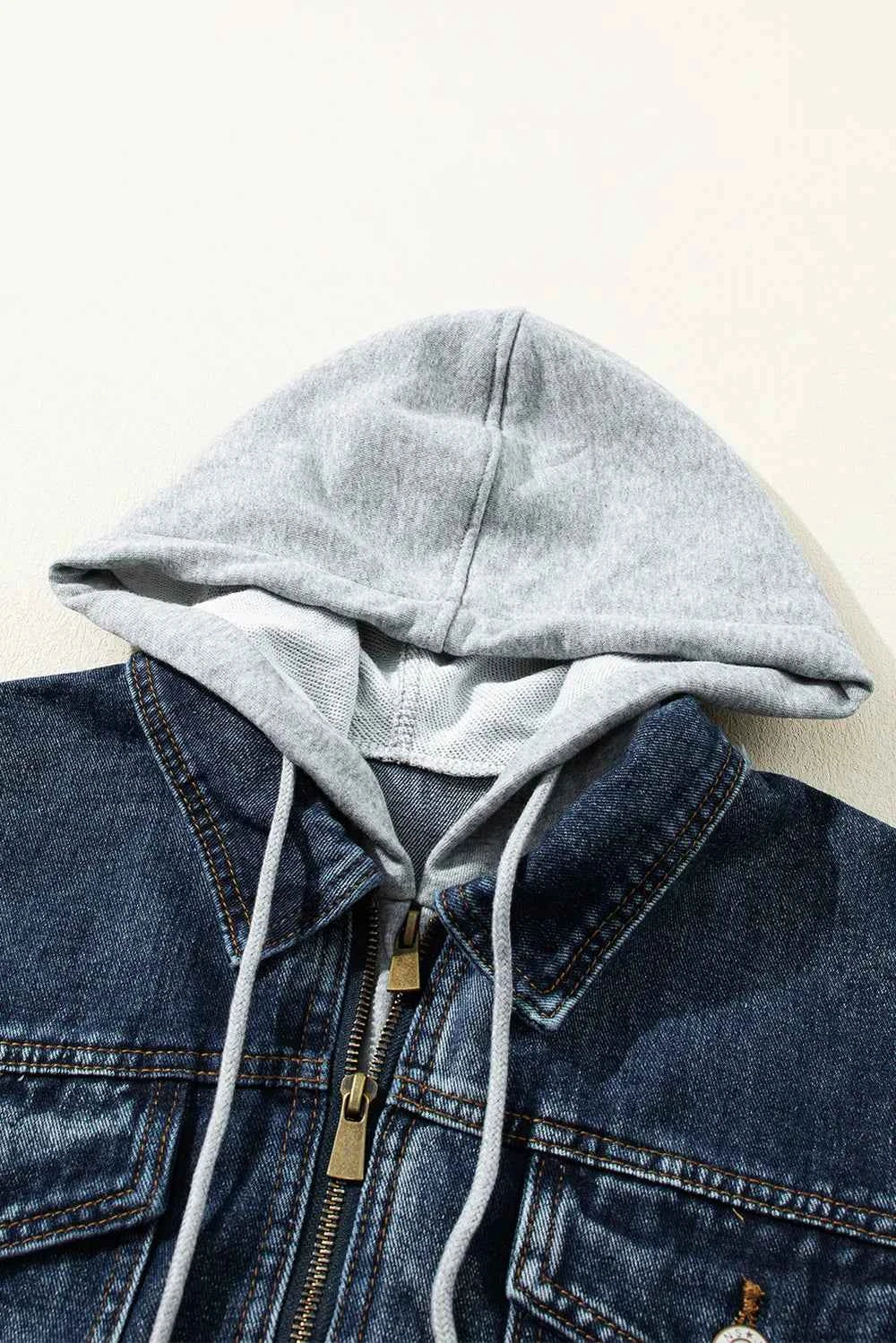 Fake Two-Piece Hooded Zip-Up Denim Jacket 6124a3828dc84b8d8073e3270b4f28da-Max