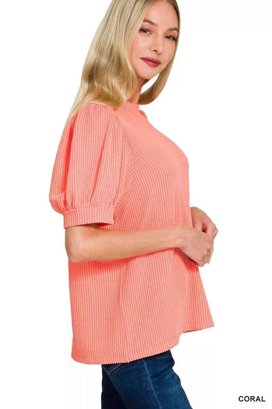 Raised Rib Puff Sleeve Top 612568b7f1f441bc8abad9444f961364-Max-Origin