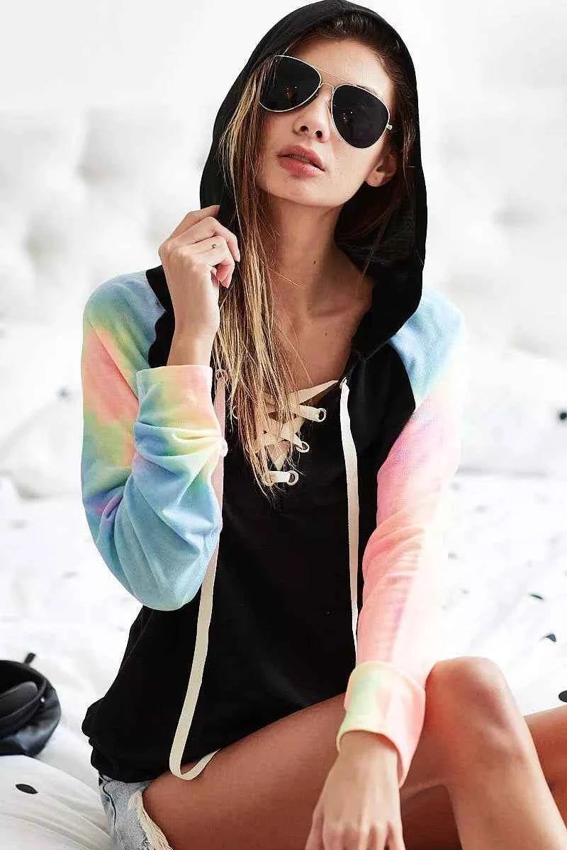 French Terry Lace Up Hoodie With Tie Dye Sleeves 612f2740-cca6-4768-9f8e-fc38fda068a7-Max-Origin