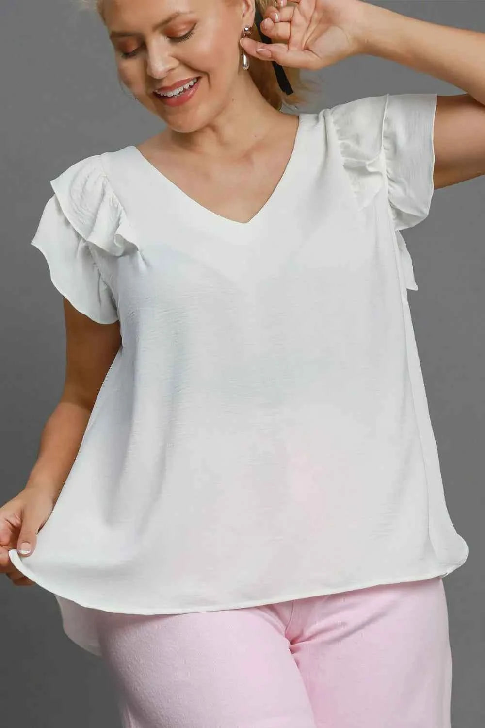Umgee Full Size V-Neck Double Layered Ruffle Sleeve Blouse Plus Size 612f822d-ed23-4da8-9714-1355d1b00344-Max