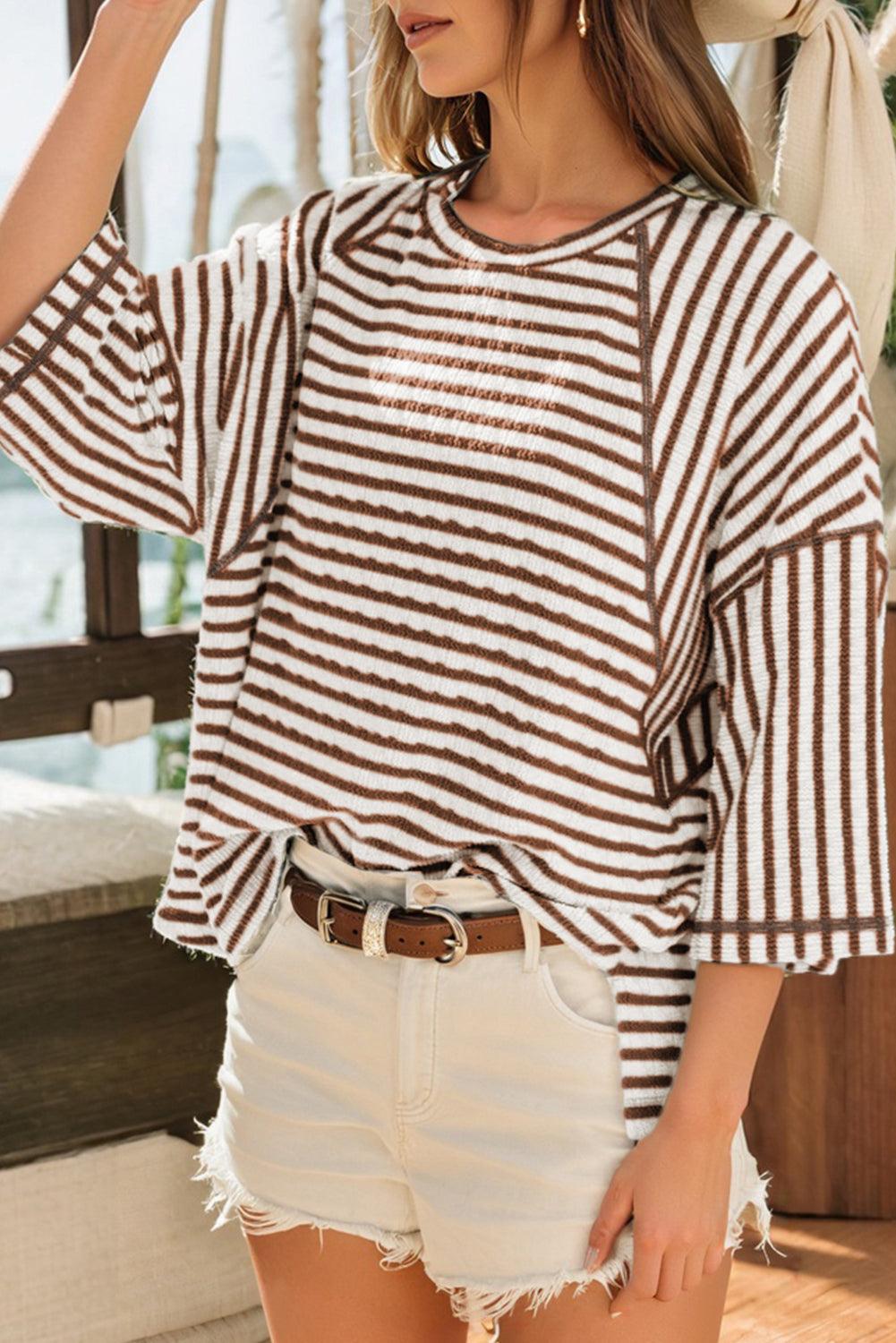 Sky Blue Stripe Textured Knit Split Hem Half Sleeve Loose Top Brown Stripe 85%Polyester+10%Viscose+5%Elastane 6135cb859df2d844