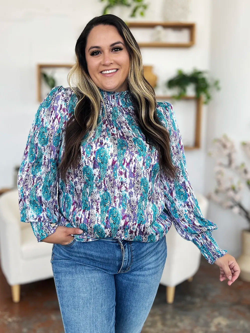 Double Take Full Size Printed Smocked Long Sleeve Blouse 61376f28-d206-4700-8dba-c3c0f4e6d20c-Max
