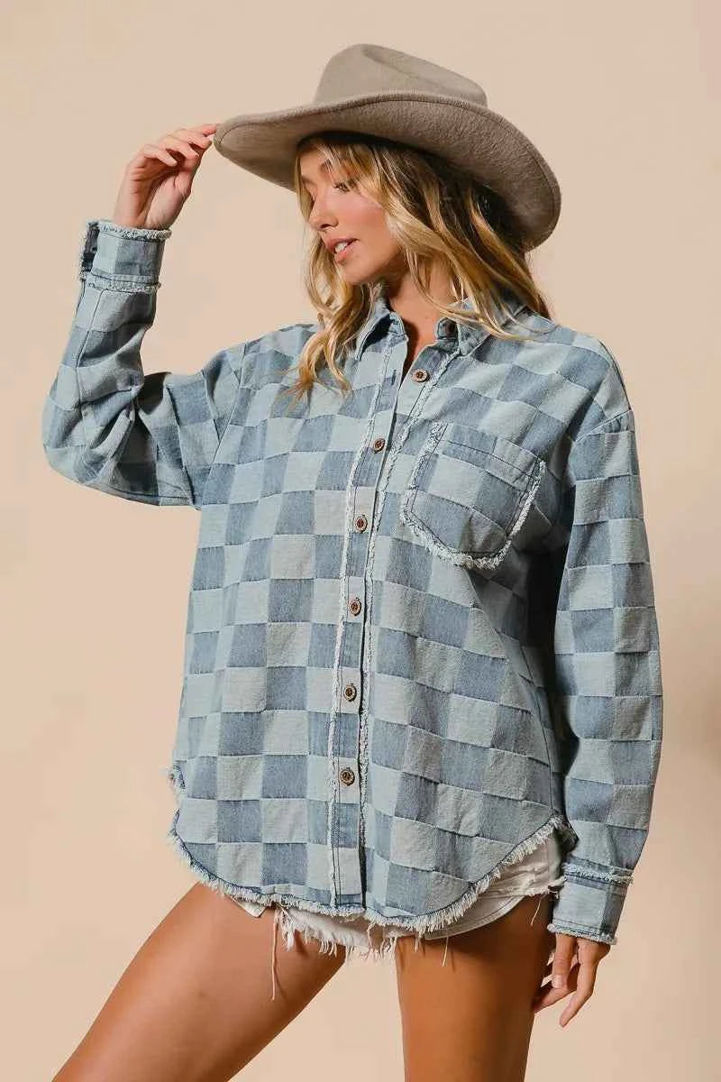 BiBi Frayed Edged Detail Washed Checker Denim Shirt 613a5bf53084483190f3be56a8dc31de-Max-Origin