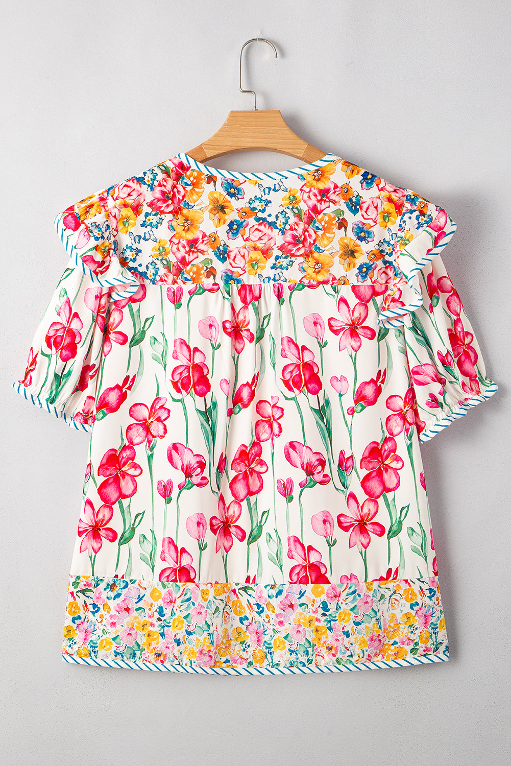Pink Plus Size Floral Print Striped Trim V Neck Blouse 613b416d872b5b5a