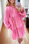 Strawberry Pink Flounce Sleeve Tiered Ruffled Velvet Mini Dress Strawberry Pink 95%Polyester+5%Elastane 613ce107ae74681b