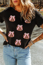 Black Sequin Bow Pumpkin Patched Cotton Blend T Shirt 61448a9a7a9c899a