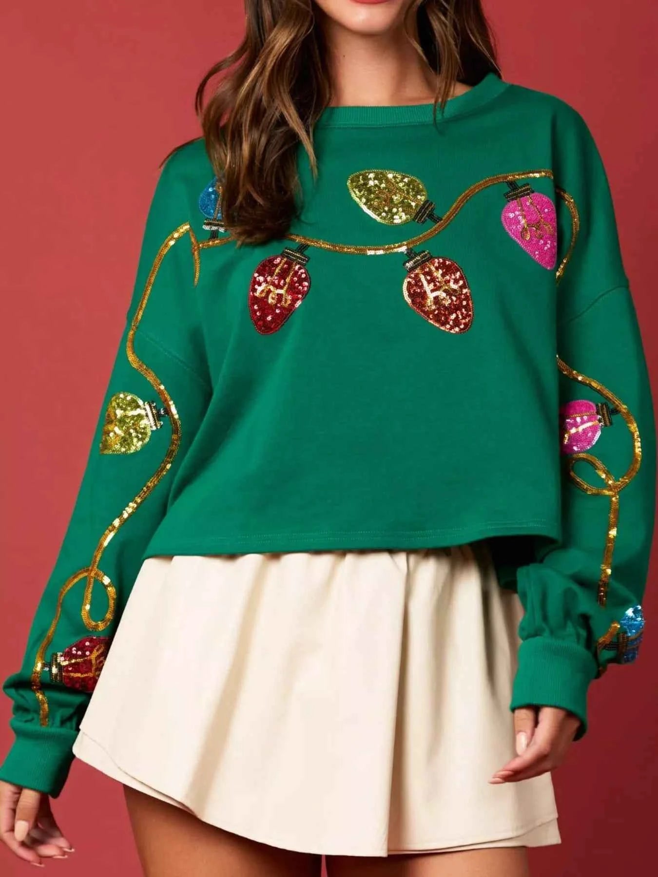 Christmas Holiday Lights Sequin Embellished Sweatshirt Green 6144c176-d450-484e-9cee-12818fa718cd-Max-Origin