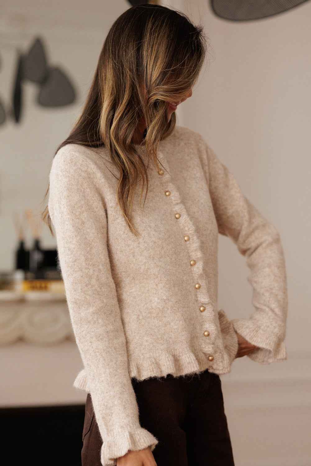 Oatmeal Ruffle Trim Gold Button Sweater Cardigan 6148413b48ac3ed8