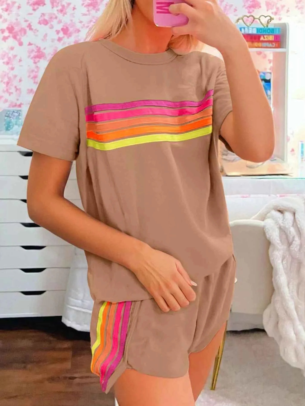 Rainbow Striped Round Neck Top and Shorts Set 614b12fe-0de8-4b1c-abfe-a0f5942b873a-Max-Origin
