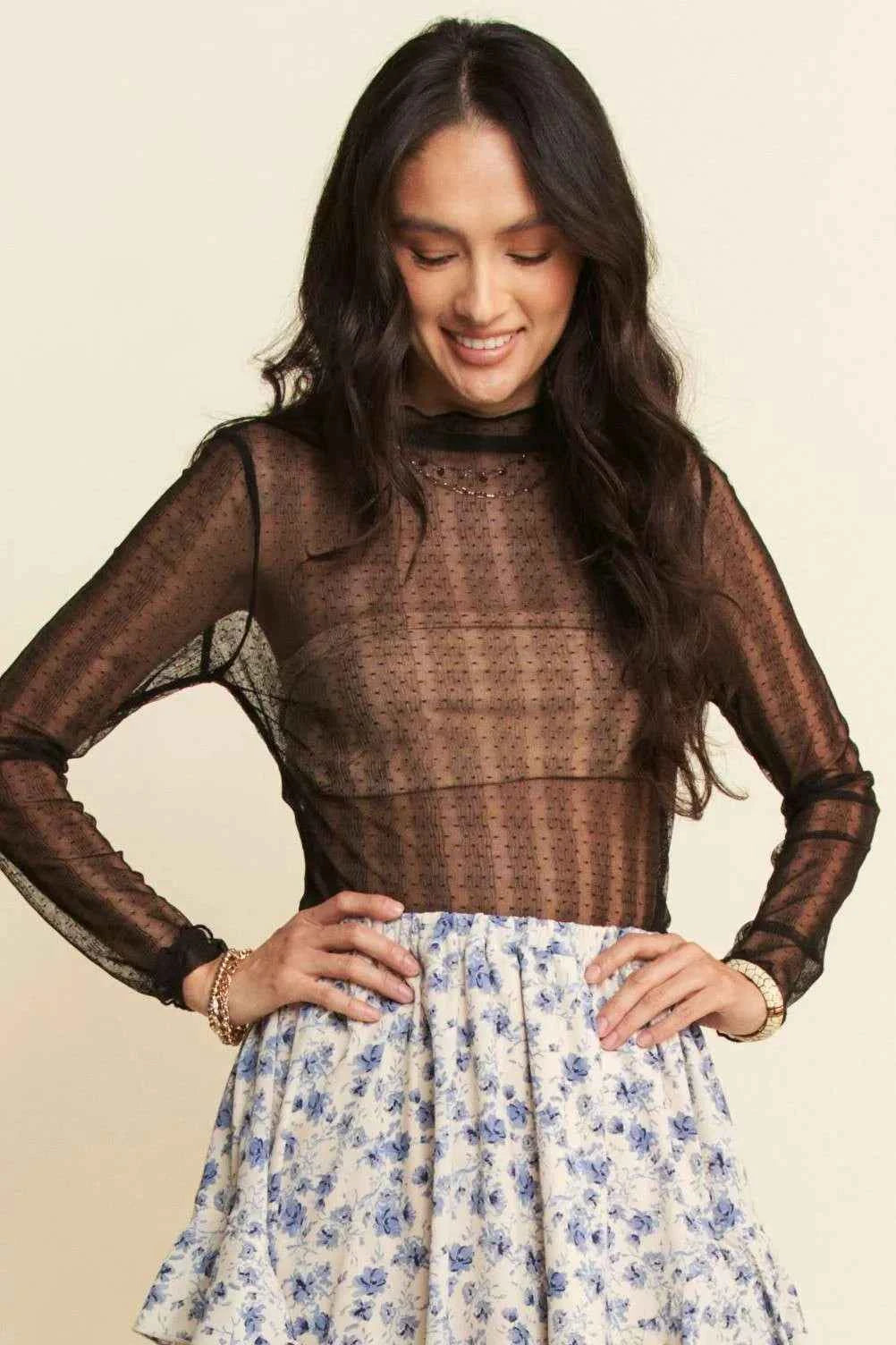 Davi & Dani Turtle Neck Lace Dotted Stretch Mesh Sheer Top 614d560bba7c4196aed3cdf64c4abce9-Max-Origin