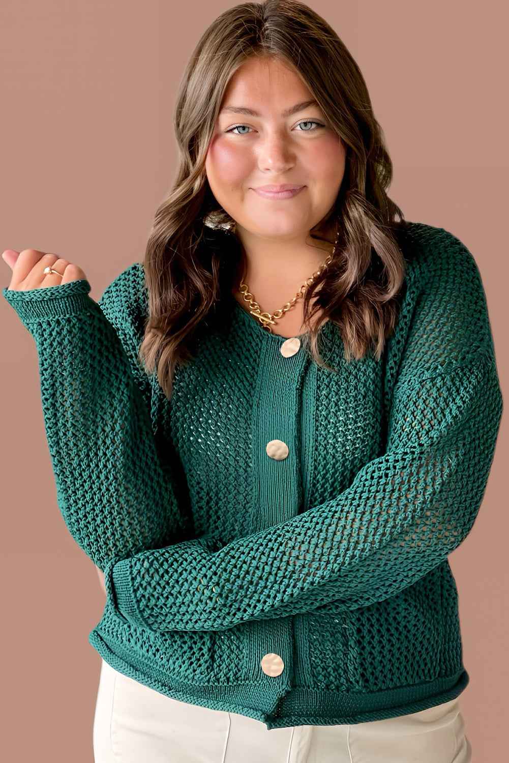 Blackish Green Plus Size Golden Accent Buttons Short Sweater Cardigan 614ef892d13d4839