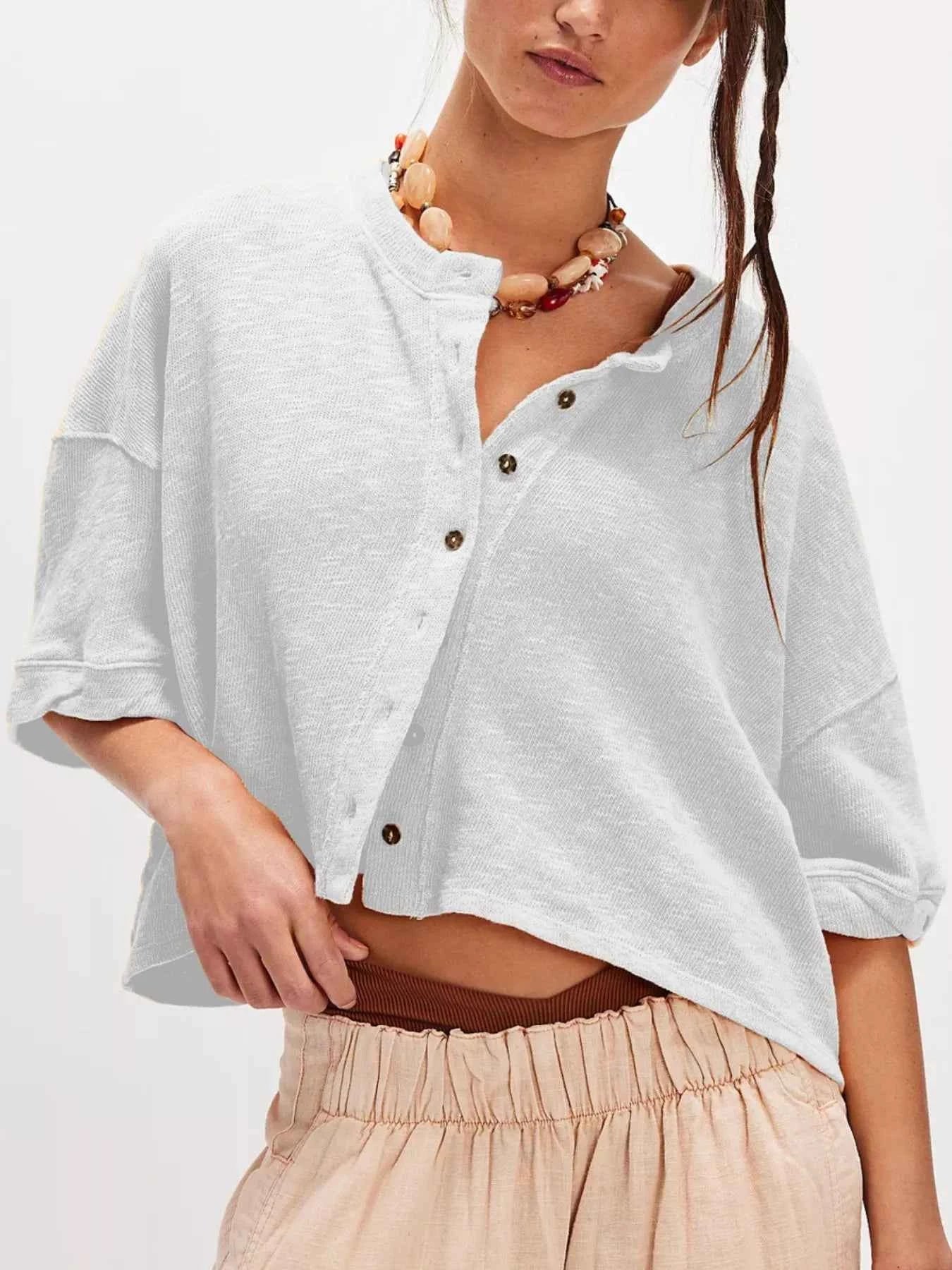 Button-Front Half Sleeve Cardigan Grey 6150e754-a0f7-4192-ab5e-51768f74719f-Max-Origin