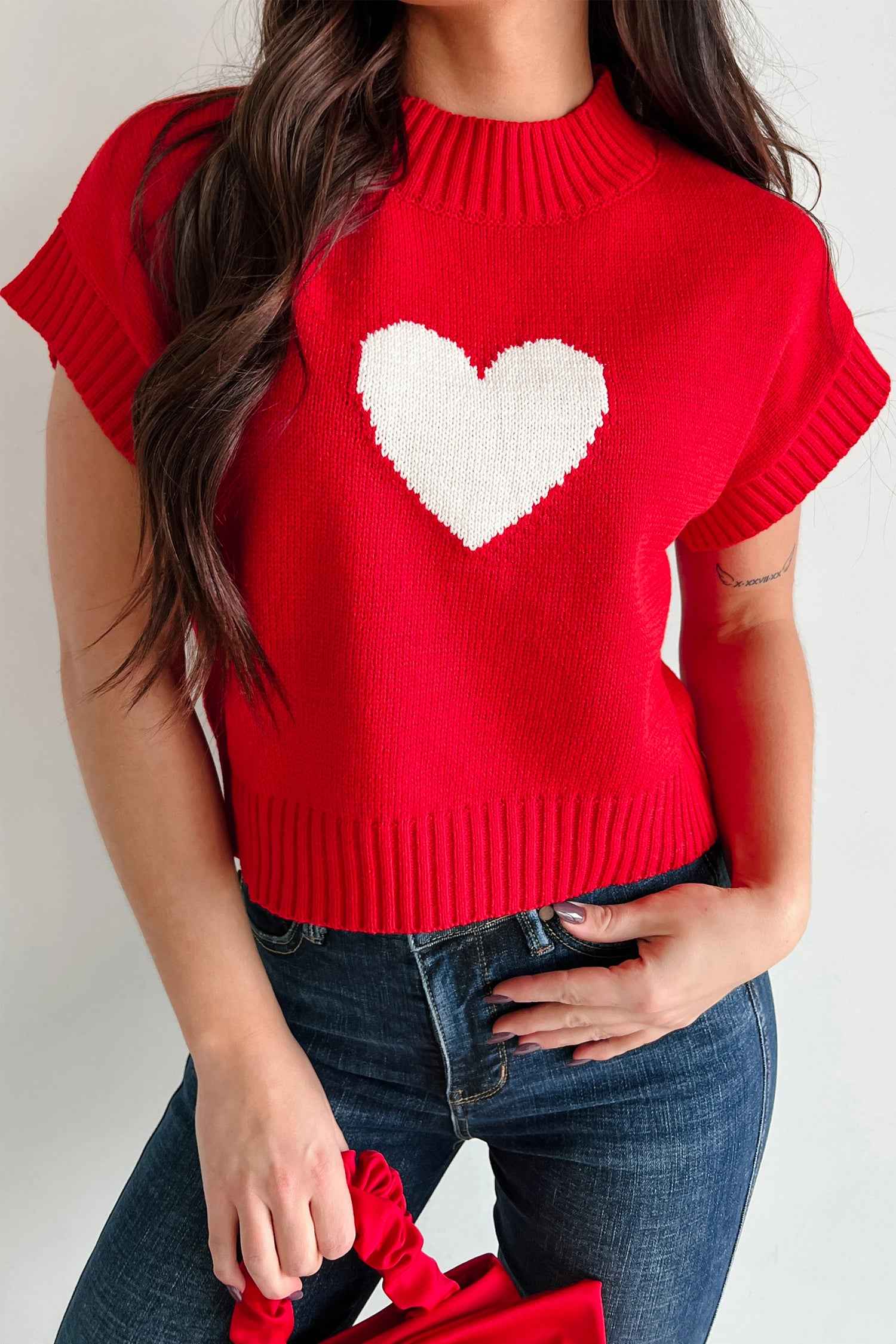 Fiery Red Valentine Heart Graphic Cropped Short Sleeve Sweater Fiery Red 52%Viscose+26%Polyester+22%Polyamide 61636a330cdc3744
