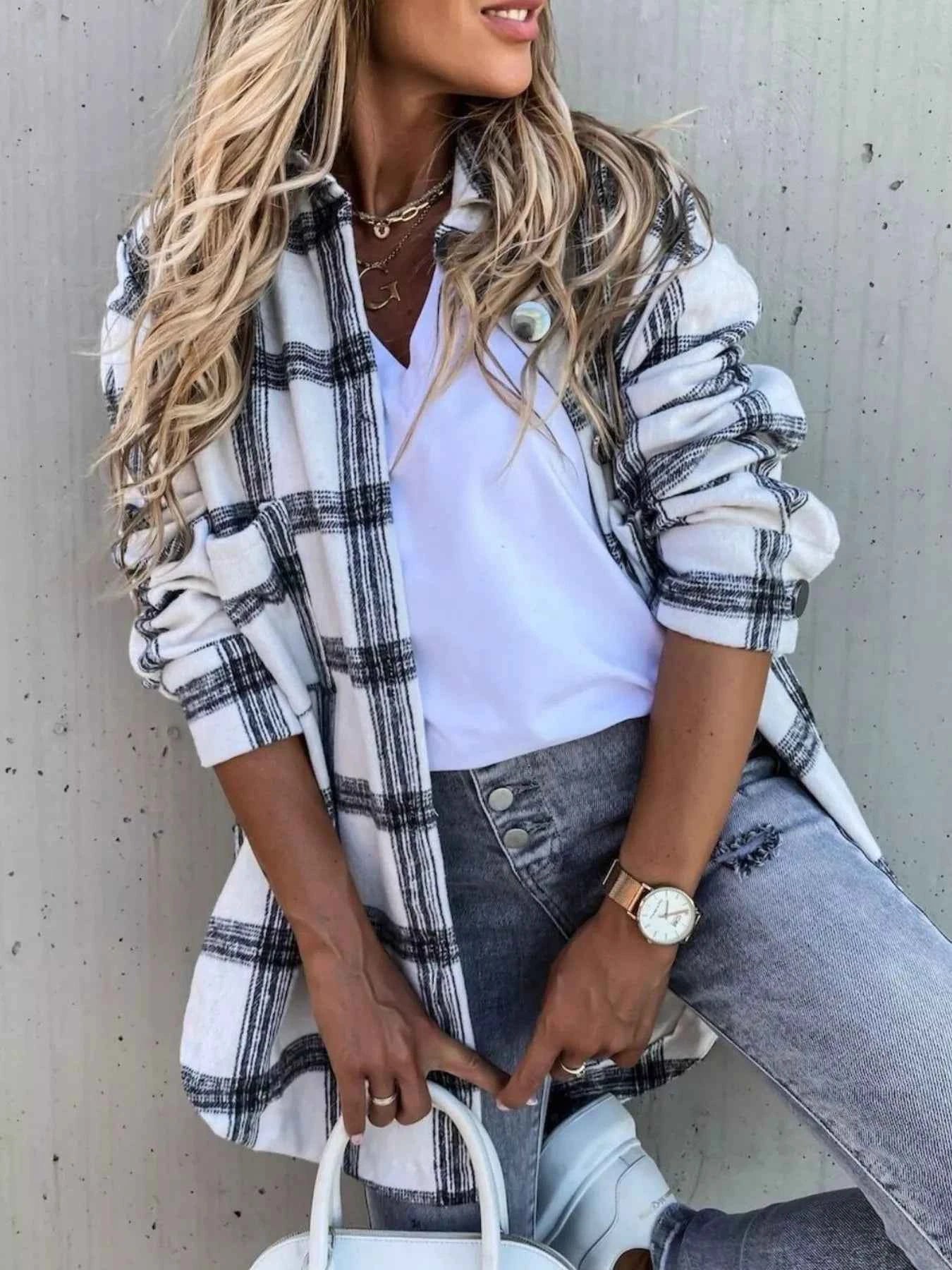 Oversized Plaid Button-Up Longline Shirt