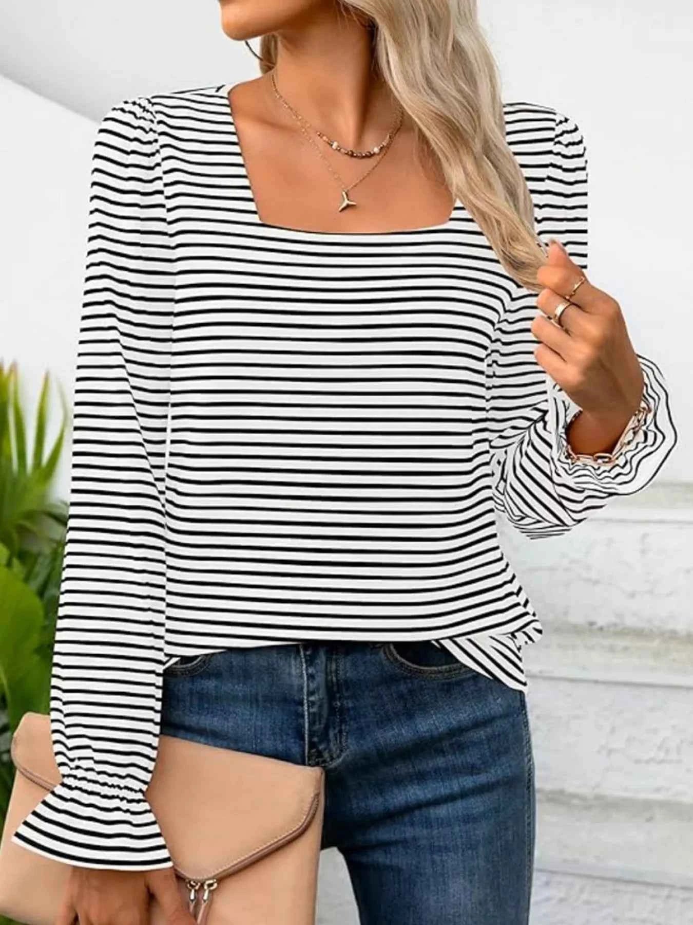 Striped Long Sleeve T-Shirt with Square Neckline White 616459ccafc54b8f9da2d3d3eff83532-Max-Origin