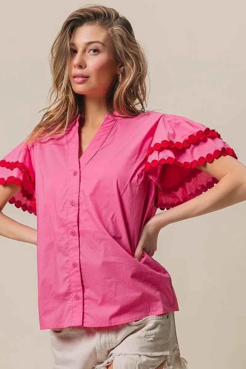 BiBi Dot Trim Flutter Sleeve Notched Top 61665f685a554614887714135eda5d57-Max-Origin