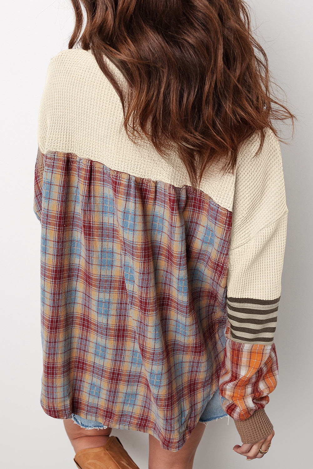 Straw Yellow Waffle Stripe Plaid Patchwork Henley Top 6168282037b05197