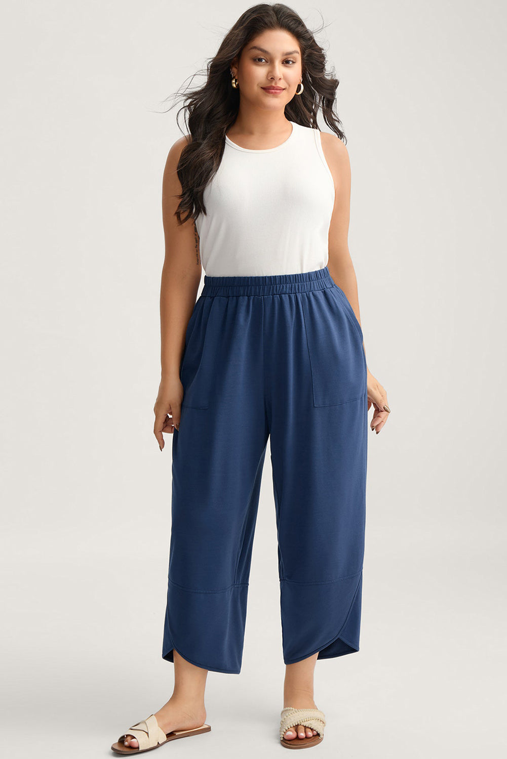 Sail Blue Plus Size Elastic Waist Asymmetrical Hem Loose Capris Pants 6168becd882e4949