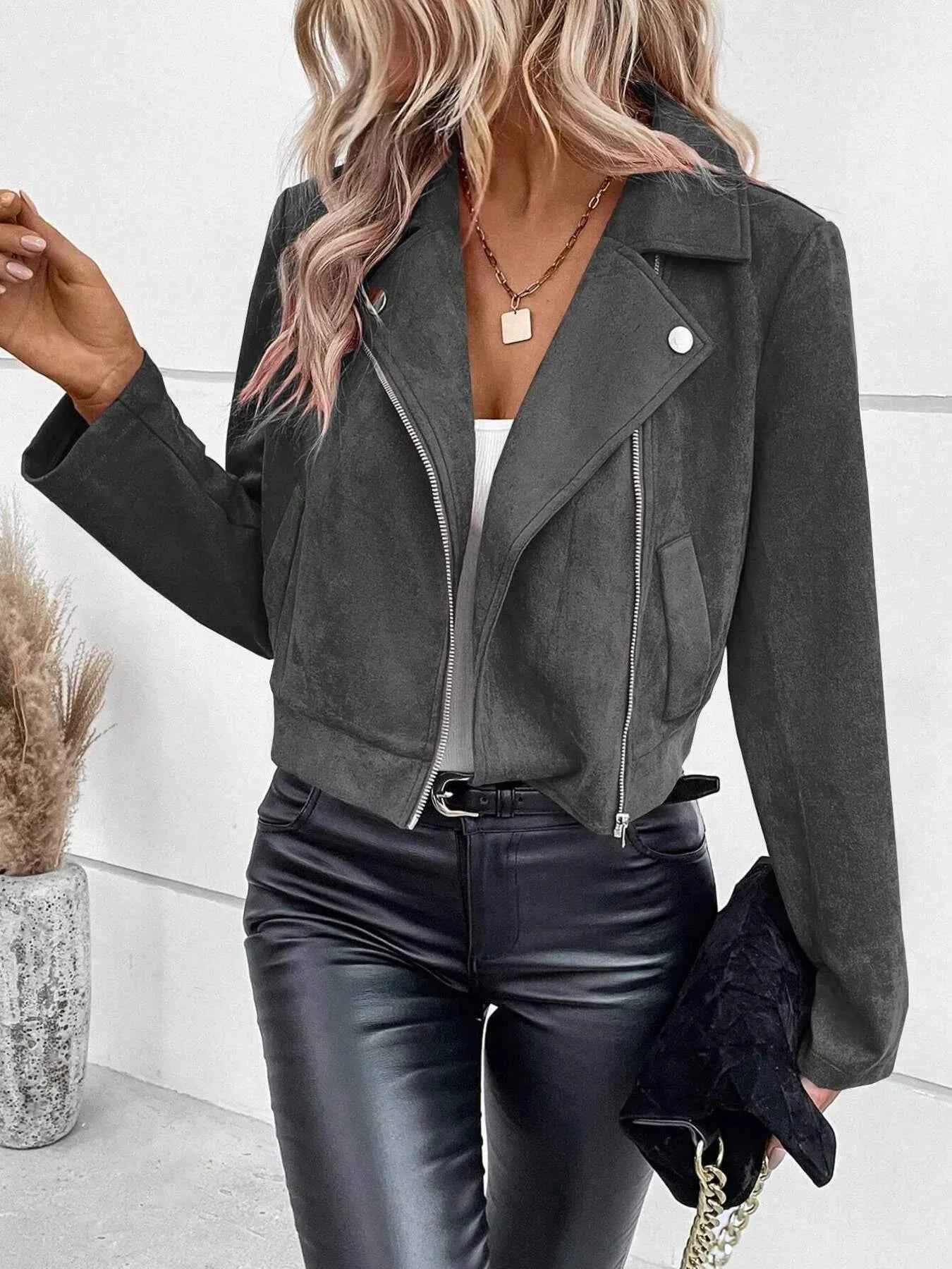 Zip Up Suede Cropped Moto Jacket