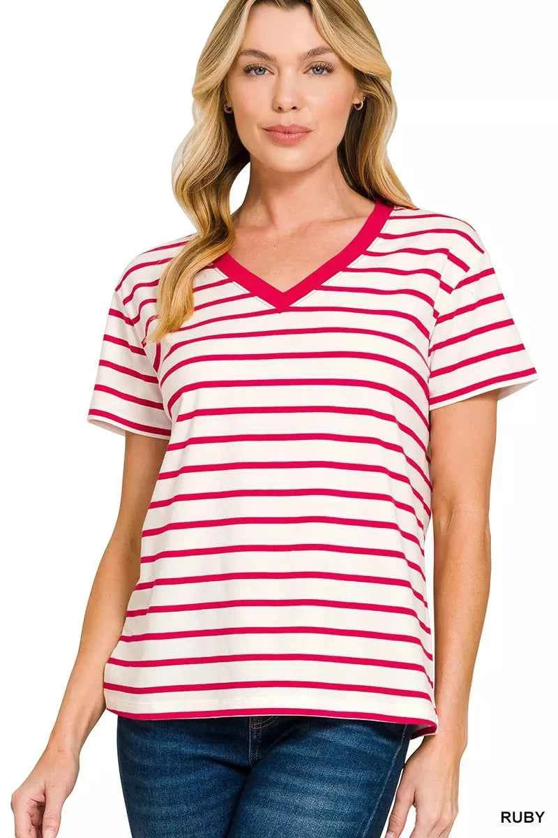 Zenana Striped V-Neck Short Sleeve T-Shirt RUBY 6179810b12f744649b44c2c3bd41dd9e-Max-Origin