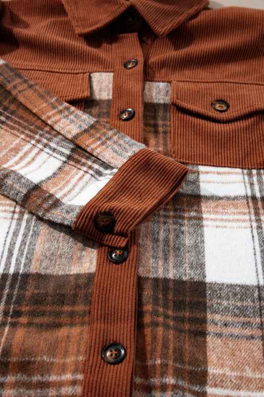 Plaid Corduroy Patchwork Pocketed Shacket 617b5471-288e-42e0-841d-a4ac636301f5