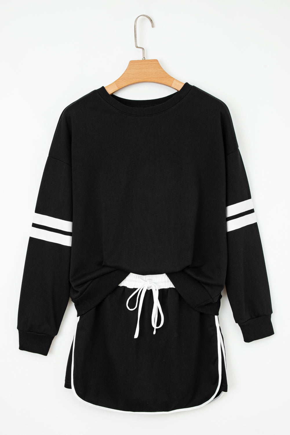 Tillandsia Purple Varsity Stripe Detail Drop Shoulder Pullover Mini Skirt Set 617c0fd13de10d73