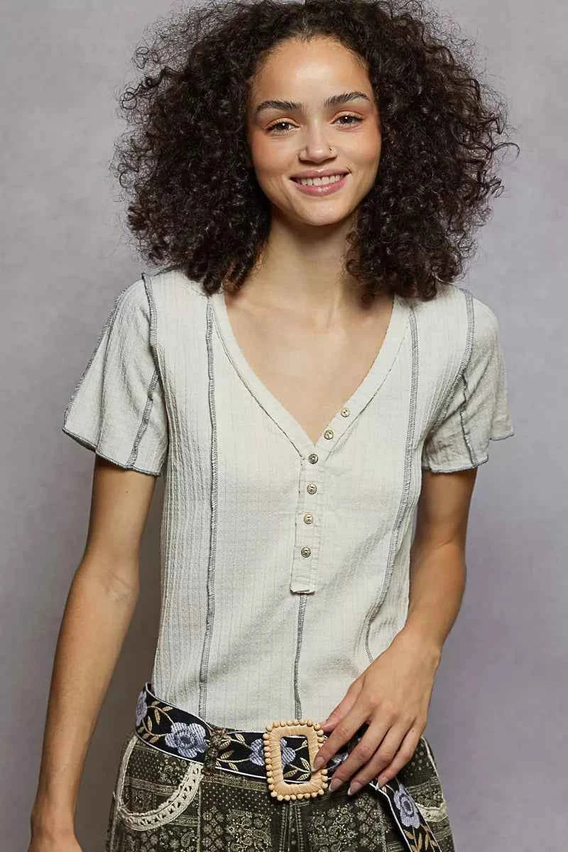 POL V-Neck Short Sleeve Top with Stitch Seam Detail NATURAL 617f28ee-7710-440b-8880-a772d70565c4-Max-Origin