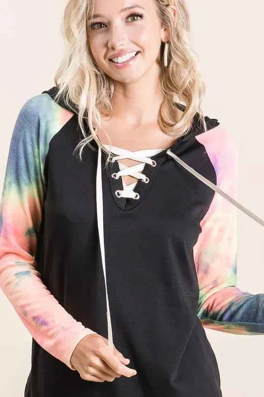 French Terry Lace Up Hoodie With Tie Dye Sleeves BLACK CHARCOAL TIEDY 6180afb36fdd499cb4bc3402a9daba36-Max-Origin