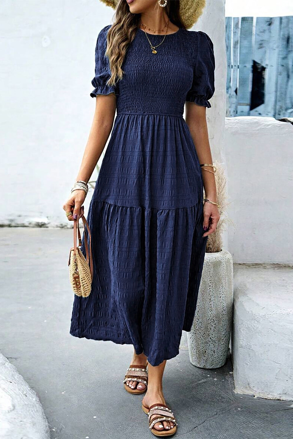 Sail Blue Solid Textured Smocked High Waist Midi Dress 61884b3352489cff