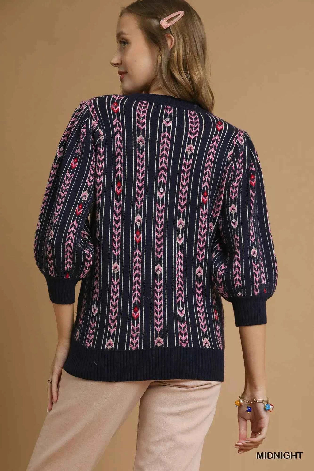 Umgee Jacquard Knit Puff Sleeve Sweater 618b1a22-a4f5-48ab-a634-70f5e3def6d1-Max-Origin