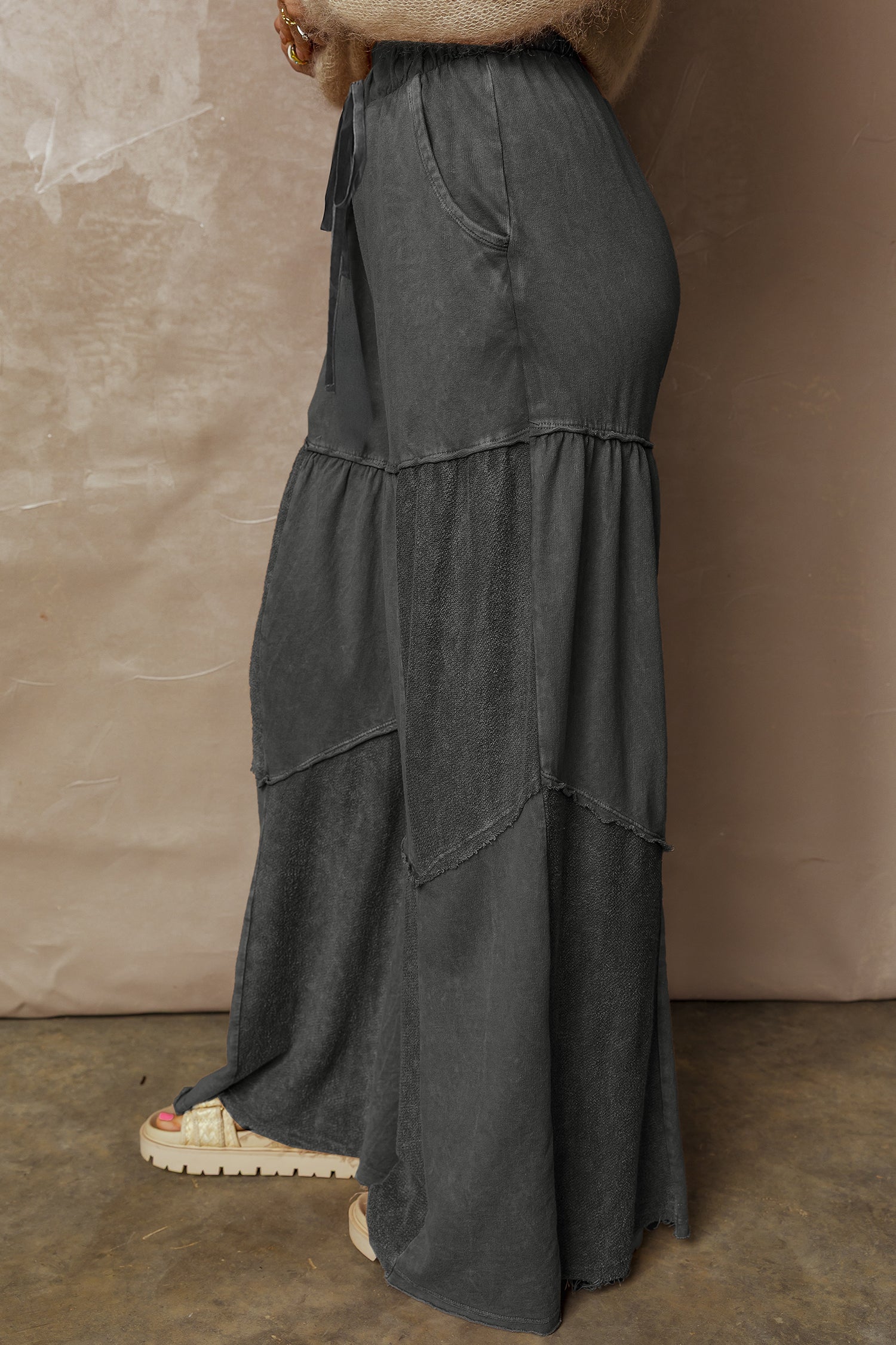Black Mineral Wash Tiered Wide Leg Patchwork Drawstring Pants 6190ac0656e9c893